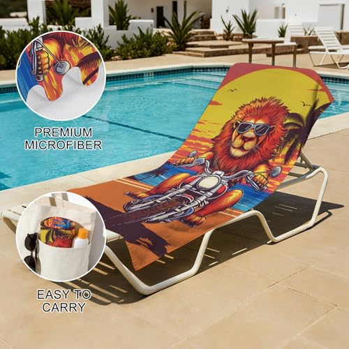 Lion Beach Towel, Funny Lion Riding A Motorcycle Towel for Boys Kids Adults, Quick Dry Microfiber Animal Palm Tree Orange Sunset Towels for Swim Pool Bathroom Travel, Oversized 32x52 - color: Lion