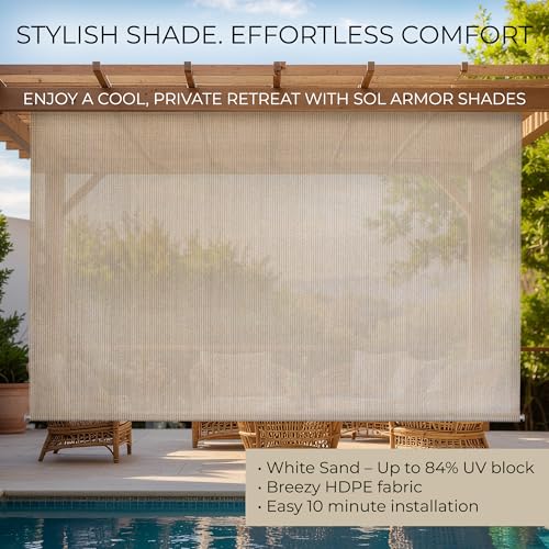 Outdoor Patio Roll Up Shade for Use on Exterior Porch, Patio, Window and More | High Density Polyethylene Privacy Screen Blocks 84% of UV Rays | Hardware Included | 4 ft Wide | White Sand - color: White Sand, size: 48"W x 72"H