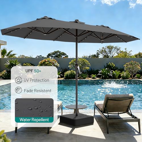 AreShark 15FT Patio Umbrella with Solar Lights, Double Sided Outdoor Table Umbrellas with Crank, Large Rectangular Market Umbrella for Porch, Lawn, Pool, Backyard, Gray - color: Gray, size: 9x15 Ft