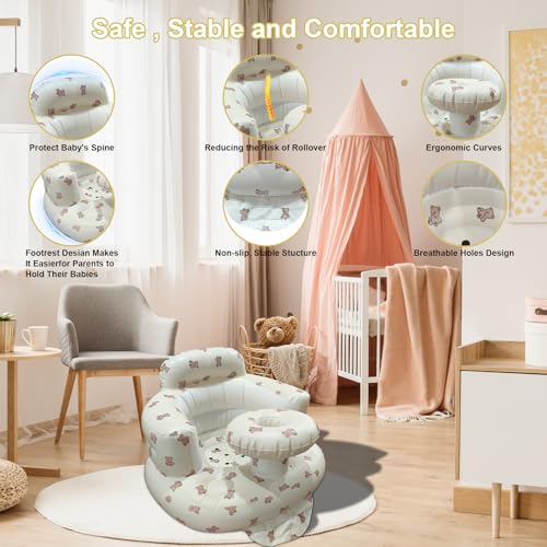 Inflatable Baby Seat for Babies 3-36 Months, Baby Chair with Fence & Built in Air Pump, Blow Up Floor Baby Seat with Back Support, Inflatable Baby Chair Sit Me Up for Home Bear-Tray - color: Brown Bear-Tray