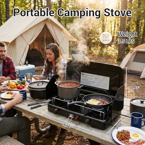 FineFlame Camping Stove, Propane Portable Camp Stove with Regulator, Push-Button Instant Ignition, Adjustable Burners & Wind Guards for Car BBQ Picnics Outdoor Camping Cooking (13000BTU-2 Burners) - color: BLACK-13000BTU-2 Burners
