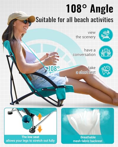 KingCamp Low Beach Chair, High Back Folding Camping Chair for Adults, Oversized Breathable Mesh Seat, 300lbs Heavy Duty Portable Chair with Cup Holder & Storage Pockets for Beach, Outdoor - color: Ergobreeze C Cyan