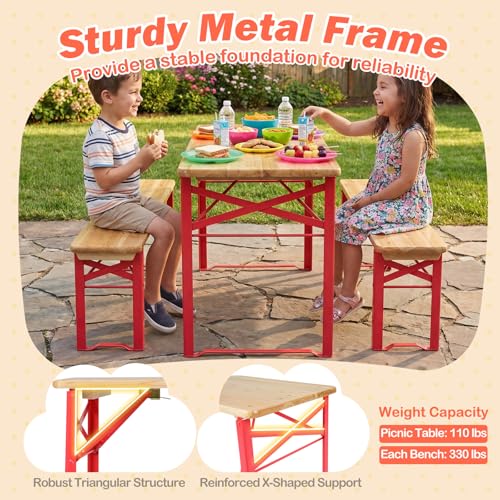 Costzon Kids Picnic Table, 43.5 Inch Folding Picnic Table with 2 Benches, Fir Wood Top & Metal Frame, No Assembly 3-Piece Portable Kids Indoor/Outdoor Furniture for Patio Backyard Daycare (Red) - color: Red