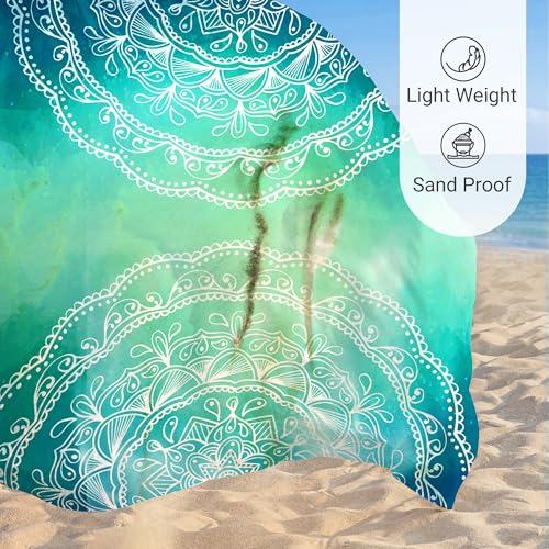 Sunlit Silky Soft Sand Proof Beach Blanket 106"x81" / 85"x72" Sand Proof Mat with Corner Pockets and Mesh Bag for Beach Party, Travel, Camping and Outdoor Music Festival, Mandala - color: Turquoise, size: 85"x72"