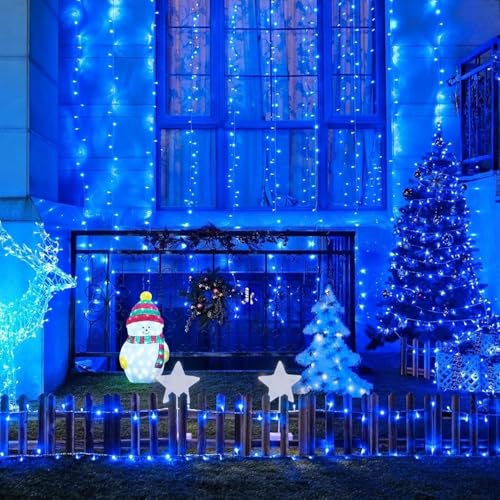 LAMPHOME 2 Pack 50 LED Blue Christmas Lights Outdoor, 16 FT Mini String Lights with 9 Modes & 6 Hour Timer, Waterproof Battery Operated for Indoor Outdoor Patio Garden Party Tree Decoration - color: Blue, size: 100 Count