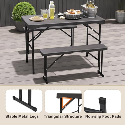 Giantex Folding Picnic Table Bench Set, Rectangular Patio Dining Table Set for 4, with HDPE Tabletop, Metal Frame, Space-Saving and Portable for Camping Party Dining BBQ (Black)