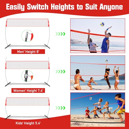 Freestanding Volleyball Net Set for Backyard - 12FT Portable Outdoor Volleyball Net Training Equipment with Soft Volleyball, Pump, Boundary Mark and Carry Bag for Park, Beach Games, Volleyball Sports - color: Red