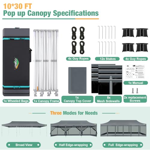 COBIZI 10x30 Canopy Tent, Heavy Duty Pop up Canopy with Sidewalls, Waterproof Easy Setup Canopy with Mosquito Netting, Outdoor Instant Screen Tents for Parties, Wedding with Roller Bag, Gray - color: Gray, size: 10x30FT