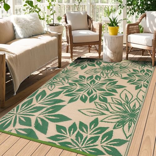 Waterproof Outdoor Rugs 4x6, Green Outdoor Plastic Straw Rug Double-Sided, Fade Resistant Patio Rug, Easy Cleaning RV Camping Mats Outside Carpet Portable for Balcony Porch Garden Deck Picnic - color: Green, size: 4' x 6' (Rectangular)