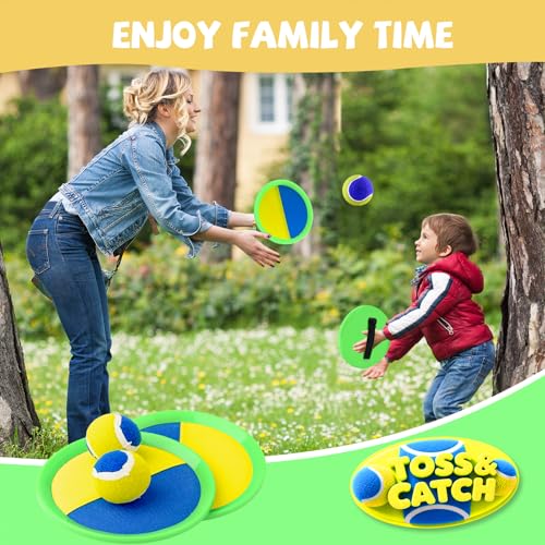 Outdoor Games - Beach Toys, Toss and Ball Set with 4 Paddles and 3 Balls, Perfect Yard Games Sets, Playground Sets for Backyards Easter Basket Stuffers for Kids/Adults/Family - color: Yellow