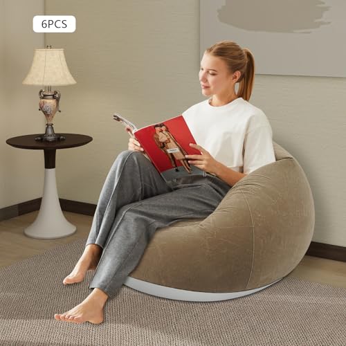 6 Pcs Inflatable Bean Bag Lounge Chairs, Blow up Chairs Lazy Sofa with Air Pump, Folding Portable Inflatable Chair for Homes, Yards, Lawns, Campsites, Balconies, Offices (Coffee Color, 39.4 x 23.6in)