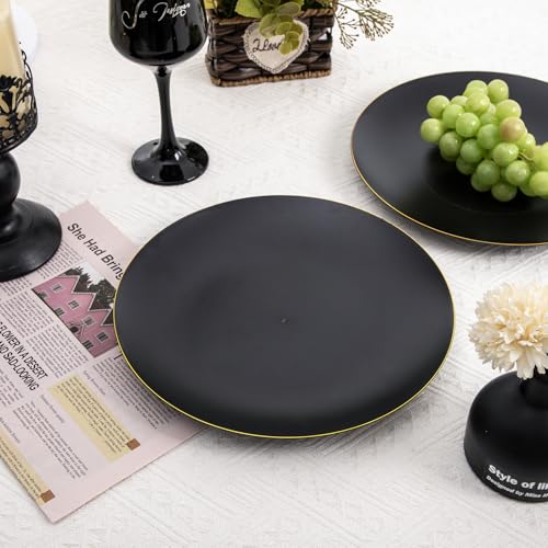 EI enjonirinjonir 80pcs Black and Gold Dinner Plates Disposable 10.25inch,Plastic Party Plates with Gold Rim,Black Plastic Matte plate Frosted Disposable Heavy Duty,Elegant for Wedding/Tea Party - color: Black and Gold Frosted Plastic Dinner Plates