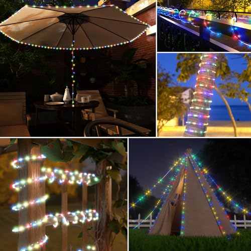 New Upgraded Solar Rope Lights Outdoor Waterproof 105ft 300 LED Solar String Lights with Remote Timer Dimmable 19 Modes Christmas Lights for Pool Yard Outside Patio Xmas Tree Decor (300LED-Multicolor) - color: 300LED-Multicolor