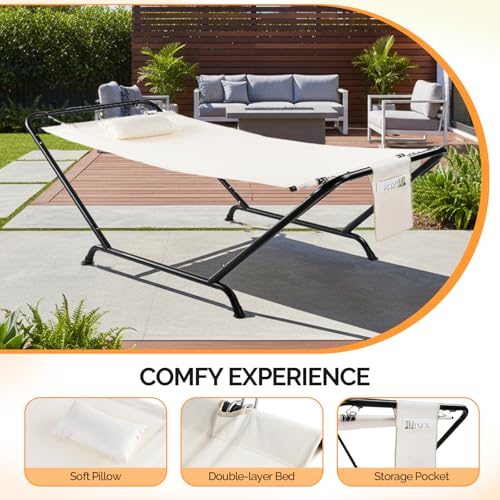 ONCLOUD Freestanding Hammock with Stand, 600LBS Heavy Duty Outdoor Hammock, Cofy Outdoor Hammock with Stand, Hammock Bed for Yard, Deck, Patio, Hammock with Soft Pillow & Storage Bag (White) - color: White