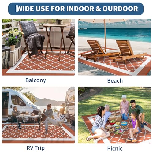 Garvee 8x10 Outdoor Rug Waterproof Reversible Mat Boho Trellis Outdoor Plastic Straw Patio Rug with 4 Stakes and Starage Bag Portable Rugs for Camping Porch Deck Rv Balcony Backyard Beach, Terracotta - color: Geometric|terracotta, size: 8' x 10' (Rectangu