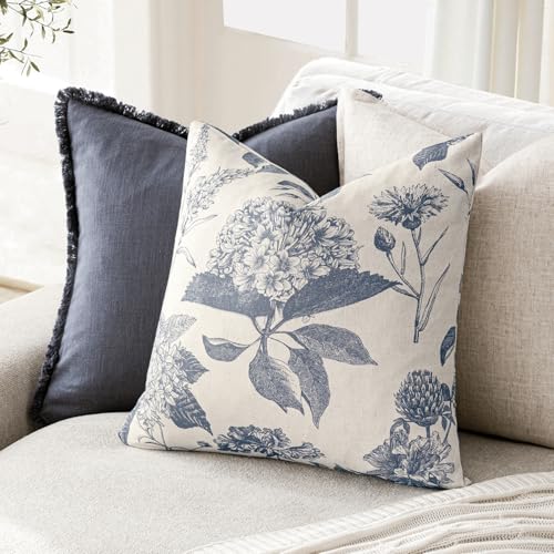 Foindtower Set of 2 Linen Floral Vintage Throw Pillow Covers Neutral Accent Print Decorative Cushion Covers Farmhouse Boho Home Decor for Sofa Chair Couch Bedroom Living Room,20×20 Inch,Blue - color: Aegean Blue, size: 20" x 20" (Pack of 2)