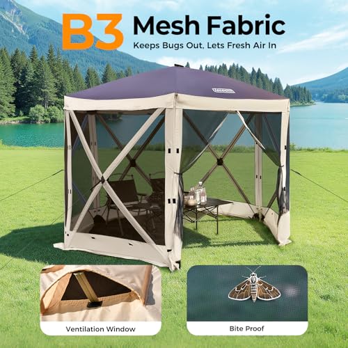 Tecoom 6 Side Pop Up Gazebo Tent, 10x10ft Waterproof Instant Screen with Mosquito Netting, Portable Outdoor Canopy with 4 Removable Wind Cloths, Sun Shelter for Camping, Garden and Picnics, Khaki - size: 10x10ft