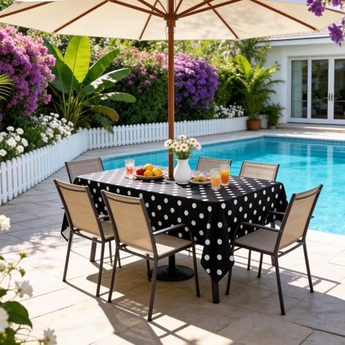 Poise3EHome Rectangle Outdoor Tablecloth with Umbrella Hole and Zipper,Black Dot 104x60 Inch,Polyester SpillProof Washable Table Cloth for Spring Summer Patio Garden Poolside Picnic Camping BBQS - color: Black Dot, size: 104" x 60" (Rectangular)