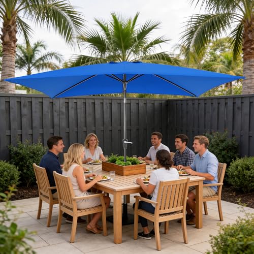 HASLE OUTFITTERS Rectangular Patio Umbrella, 6.5 x 10 ft Rectangle Table Umbrellas w/Heavy Duty Ribs, Effortless Crank and Push Button Tilt, Wind Resistant Sun Umbrella for Outdoor Patio, Blue - color: Blue