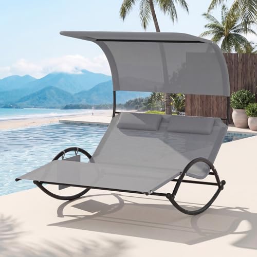 HAPPYGRILL Outdoor Chaise Lounge Rocker, 2-Person Rocking Daybed Sun Lounger with Sun Shade Canopy & Headrest Pillows, Hammock Bed Loveseat with Heavy-Duty Metal Frame for Patio, Backyard, Poolside