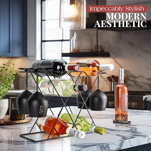 Gusto Nostro Small Wine Racks Countertop Storage for 8 Bottles & 4 Glasses - Countertop Wine Rack with Glass Holder, Modern Tabletop Black Wine Rack, Wine Holder Stand for Kitchen Cabinet Wine Cellar - color: Black, size: 8 Bottles