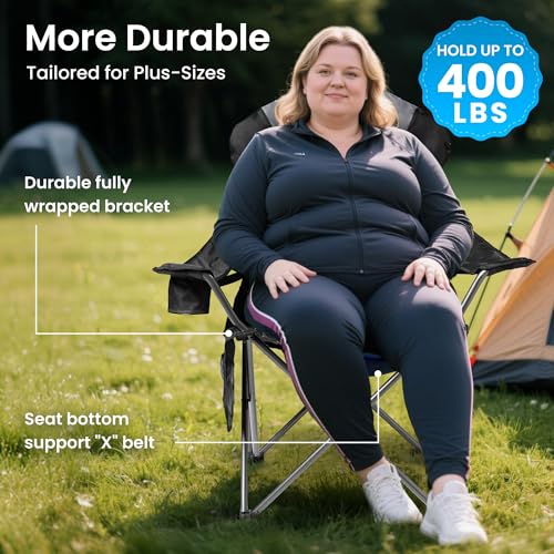 2 Pack Folding Camping Chairs for Adults - High Back Padded Outdoor Lawn Chairs with Lumbar Support & Cup Holder, 400lbs Heavy Duty Portable Camping Chairs Set (Black & Gray, 2 Pack) - color: Black & Gray, size: 2 pack