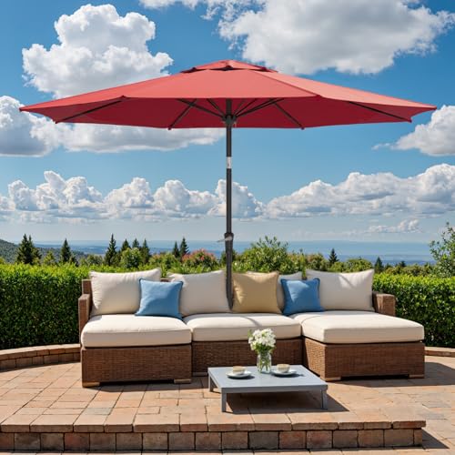 Outdoor Patio Umbrella, Table Umbrella with Push Button Tilt and Crank, 8 Ribs Market Umbrella - color: Red-Fiberglass Ribs, size: 9FT