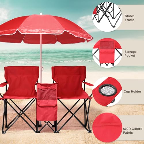 Double Camping Chair for Adults,Portable Outdoor 2-Seat Folding Beach Chair with Removable Sun Umbrella (Cup Holder+Cooler Bag+Mini Table) Support 360 LBS for Camping/Car Trunk/Lawn/Beach/Campfire Red - color: Red