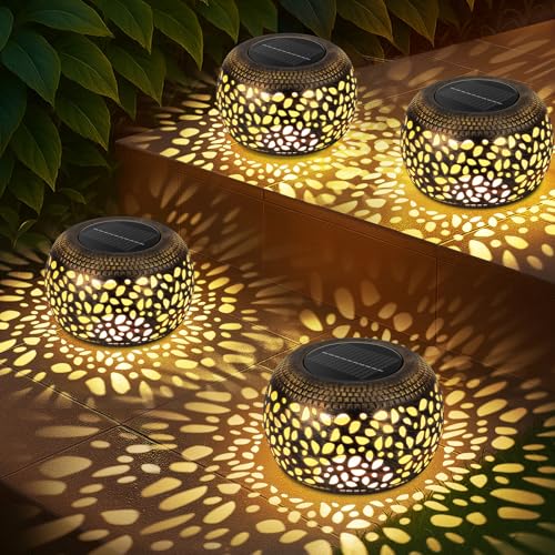 Solar Lantern Outdoor Patio Decor: 4 Pack Solar Lanterns Outdoor Waterproof, Hollow Out Retro Metal Solar Lights, Yard Porch Garden Balcony Indoor Desk Bedroom Tabletop Decorations, 2 Lighting Colors - size: Bronze 4 Pack