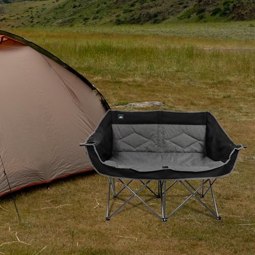 Northroad Folding Loveseat Camping Chair Portable Double Duo Full Padded Garden Chair for 2 Person Sofa w/ 2 Cup Holder,Wine Glass Holder,Mesh Storage,Support 500lbs for Picnic Beach Travel - color: Black&grey