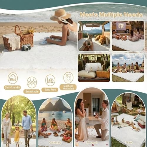 White Picnic Blanket, Extra Large Soft Cotton Gauze Picnic Rug 71"x71", Lightweight Breathable Blanket, Machine Washable for Beach, Camping, Park, Couples (Colorful Motifs-No Straps) - color: Colorful Motifs