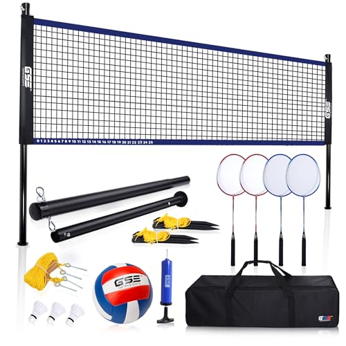 GSE Games & Sports Expert Outdoor Yard Sports Net Game Set for Backyards, Parks, Beach, Lawn. Volleyball Set, Badminton Set OR Volleyball & Badminton Combo Set Available - style: Deluxe Badminton&Volleyball Combo