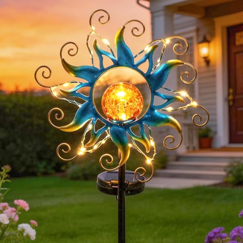 Solar Lights Outdoor Garden Decor, Blue Metal Sun Crackle Glass Globe Stake Waterproof 30LED Decorations Unique Gifts for Women,Mom,Outside, Patio,Lawn,Yard,Pathway - color: Sun Light