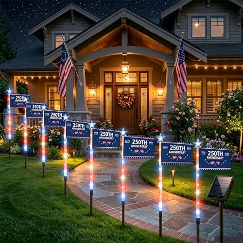 8 Pack Solar American Flag Pathway Lights - Patriotic Red White Blue Outdoor Stake Waterproof LED Lights with 8 Modes, Decorations 4th of July Memorial Day & Independence Day Yard Garden (Style C) - color: Style C
