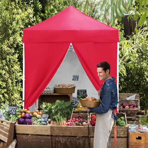 EAGLE PEAK 5x5 Instant Canopy with 4-Side Wall Panels, Small Pop up Portable Canopy Tent with Carry Bag, Light Weight Sun Shelter for Sports, Camping and Beach, Red - color: Red