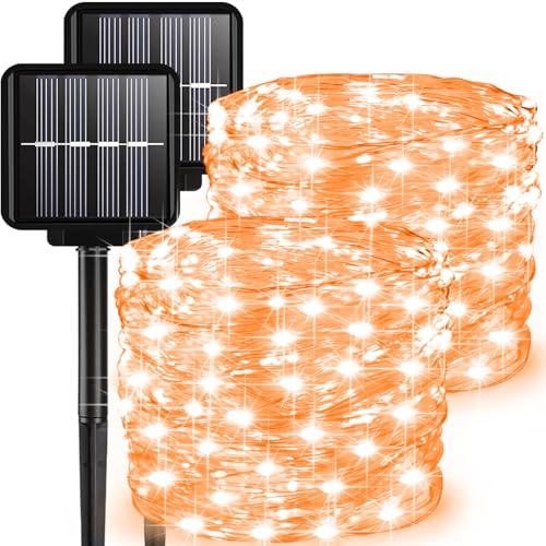 2 Pack Solar Fairy Lights Outdoor, 33 Feet 100 LEDs 8 Modes String Lights for Outside, Waterproof Solar Outdoor Light for Patio Yard Christmas Tree Halloween Wedding Party Decorations, Orange - color: Orange, size: 2 Pack 100 LEDs