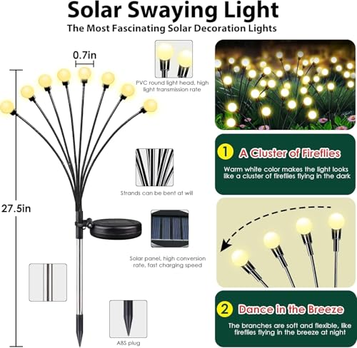 6-Pack Garden Solar Lights, 48 LED Solar Lights Outdoor for Garden Decor, Waterproof Firefly Light Outdoor (Sway by Wind), Swaying Light for Outside Yard Pathway Landscape Decorations (Warm White) - color: Warm White, size: 6 Pack