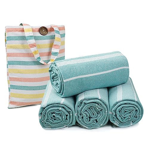 HILLFAIR Cotton Turkish Beach Towels, Quick Dry Lightweight Sand Free Peshtemal Towel for Bath Swim Yoga Spa Travel, Beach Accessories, Oversized Cotton Turkish Towels (39 x 72 inch- 4 Pack Aqua) - color: Aqua, size: 39 x 72 inch ( Beach towel - 4 PACK )