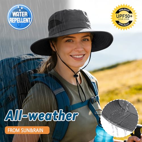 ZOORON Sun Hats for Men Women, Wide Brim Safari Hats UV Protection UPF50+ Waterproof Boonie Hats for Fishing Hiking Camping - color: 2pack-black+dark Gray