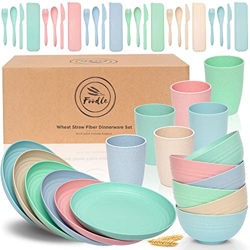 FOODLE Wheat Straw Dinnerware Set - BPA Free & Safety Certified - Lightweight & Unbreakable - Microwave & Dishwasher Safe - Camping, Dorm & RV Dishes - Reusable Kids Plates and Bowls Sets - For 6 - color: Multicolor