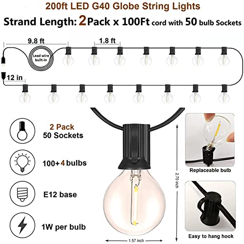 Outdoor String Lights Waterproof Patio Lights 200FT with 100+4 Shatterproof G40 LED Edison Outdoor String for Party Backyard Gazebo Pegola Cafe, 2Pack x 100ft - color: Black-2200K, size: G40 200FT