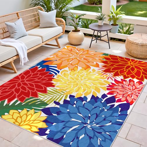 Colorful 6x9 Outdoor Area Rug Washable Multicolored Patio Rug Tropical Botanical Floral Chenille Waterproof Outdoor Carpet Non-Slip for Patio, Deck, Backyard, Porch, Rainbow - color: Multi Colored, size: 6' x 9' (Rectangular)