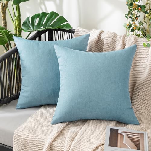 MIULEE Pack of 2 Decorative Outdoor Solid Waterproof Throw Pillow Covers Faux Linen Garden Farmhouse Coastal Cushion Cases for Summer Patio Tent Balcony Couch Sofa 16x16 Inch Blue Gray - color: Blue Gray, size: 16" x 16" (Pack of 2)