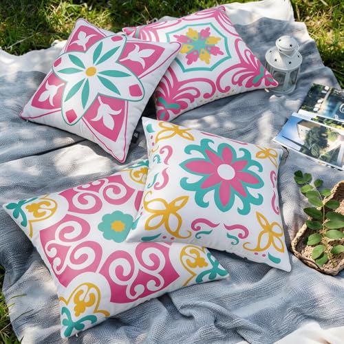 Pyonic Spring Summer Outdoor Pillows Waterproof Throw Pillow Covers Set of 4 Pink Green Floral Printed and Boho Farmhouse Outdoor Pillow Covers for Patio Funiture Garden 18x18 Inch - color: Pink, size: 18" x 18" (Pack of 4)
