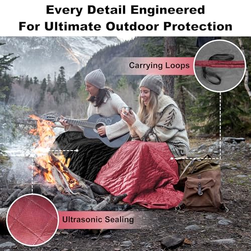 Waterproof Outdoor Blanket 82”X 55” Packable, Stadium Blankets for Camping with Quilted Fleece Lining, Large Windproof Emergency Throw Mat for Garss Picnic Hiking Road Trip, Machine Washable, Wine - color: Fleece Wine-300 Gsm, size: 82"x 55"