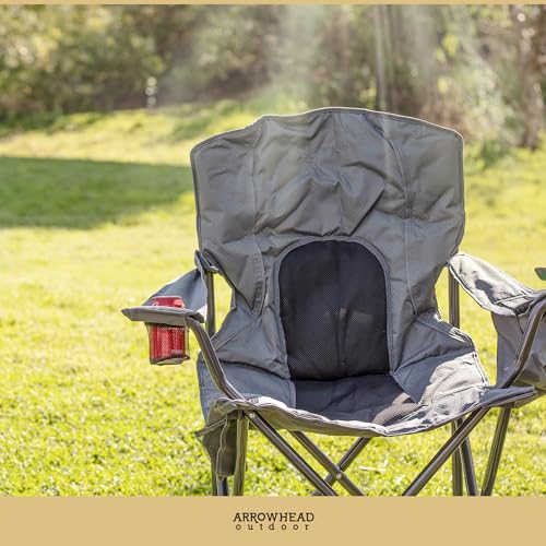 Arrowhead Outdoor Portable Folding Camping Quad Chair w/ 4-Can Cooler, Cup-Holder, Heavy-Duty Carrying Bag w/Easy Carry Shoulder Strap, Padded Armrests, Supports up to 330lbs, USA-Based Support - color: Grey