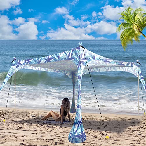 Buheco Beach Tent Pop Up Shade 7x7.5ft Beach Canopy Sun Shelter UPF50+ with 4 Foldable Poles-Portable Carrying Bag-Sand Shovel-Ground Pegs-Windproof Ropes for Outdoor Family Camping-Fishing- Picnic - color: Navy Fronds, size: 7x7.5FT 4 Pole