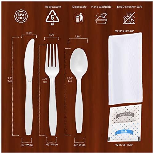 Bulk Heavy Weight Cutlery Individually Wrapped White Plastic Cutlery Knife, Spoon, Fork Pack with Napkin and Salt and Pepper Packets - Extra Strong & Resistant - size: 400PK