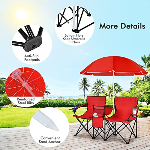 LDAILY LUARANE Folding Double Camping Chair, Outdoor Picnic Chairs w/Removable Umbrella, Mini Table, Cup Holder & Carrying Bag, Portable Camping Loveseat for Patio, Pool, Lawn, Beach, Park (Red) - color: Red