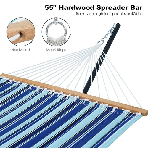 GAFETE 2 Person Hammock with Stand for Outside, Heavy Duty Steel Stand, Double 55inch Hammocks, Large Removable Pillow, Storage Bags, Max 475 lbs Capacity (Pacific Stripe Blue) - color: Pacific Stripe Blue